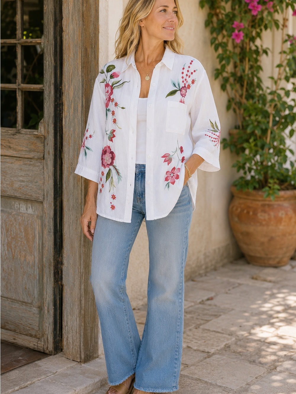 Johnny Was Oversized Nalina Weekend Tunic Linen Embroidered Soft Off White Pinks - Picture 4 of 16